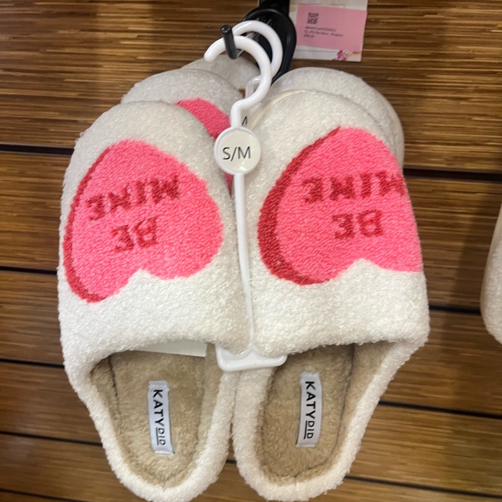 Katydid Cream and Pink Heart Slippers